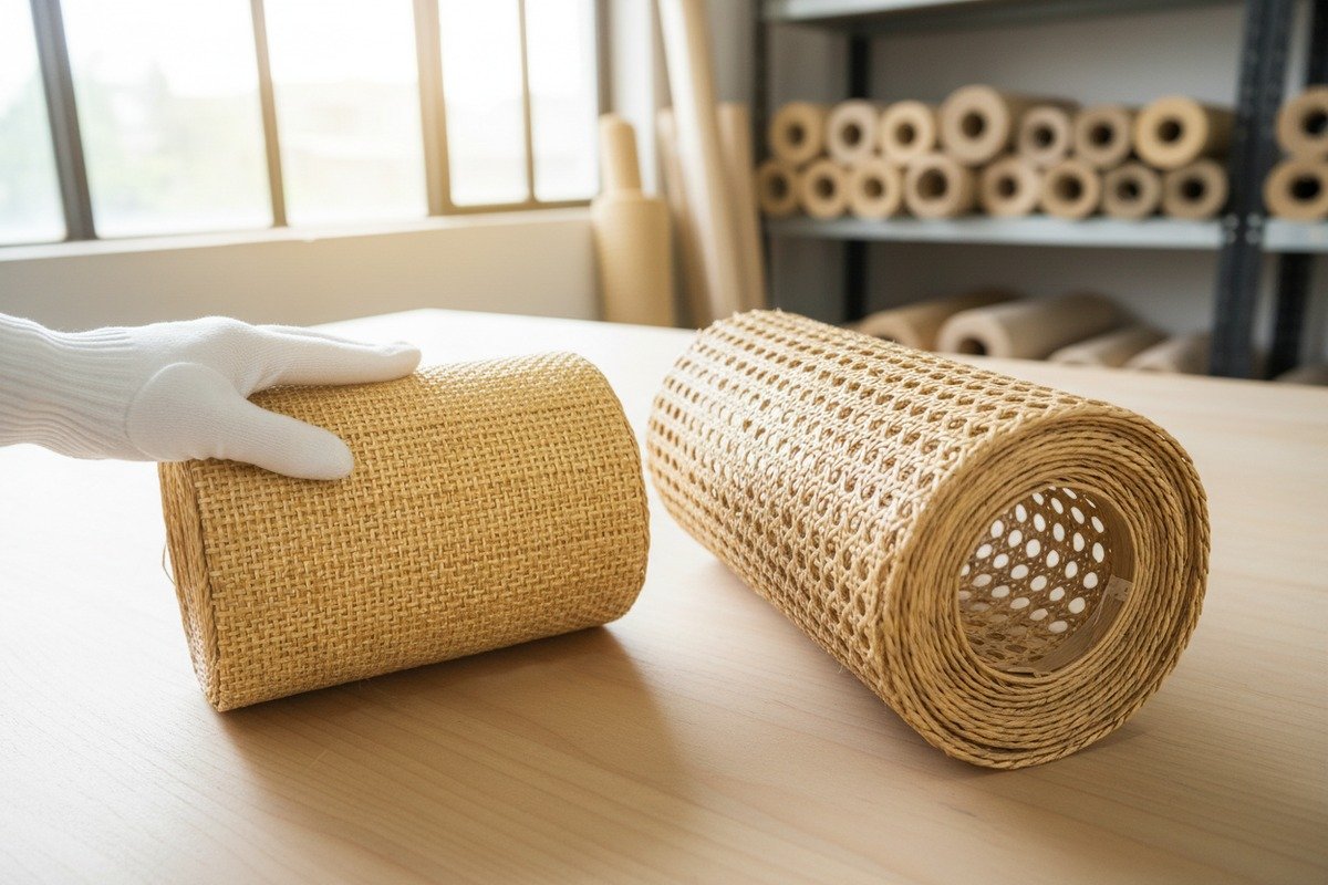 Close-up of rattan cane webbing showing mesh density and weave pattern (ID#1)