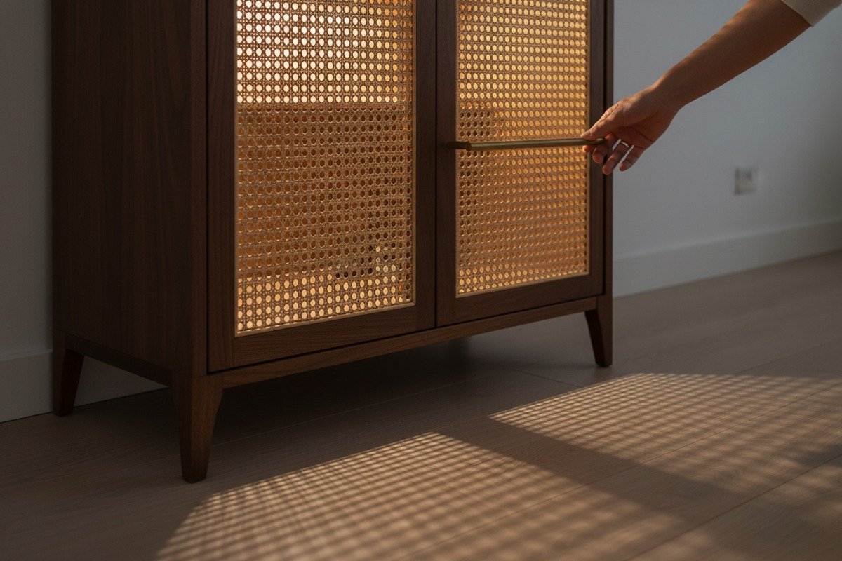 Cabinet Mesh Privacy Airflow Medium density radio weave rattan for cabinet doors balancing privacy and airflow circulation (ID#3)