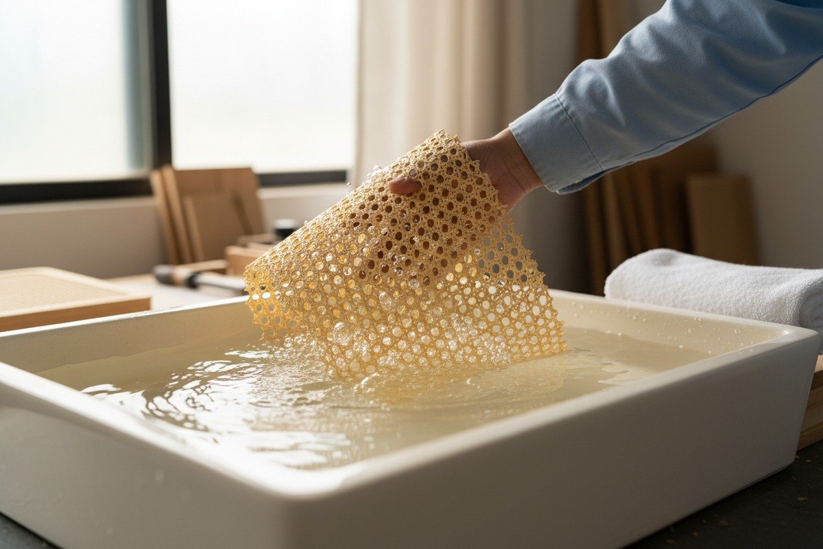 Soaking natural rattan cane webbing in lukewarm water to prevent sagging and snapping (ID#2)