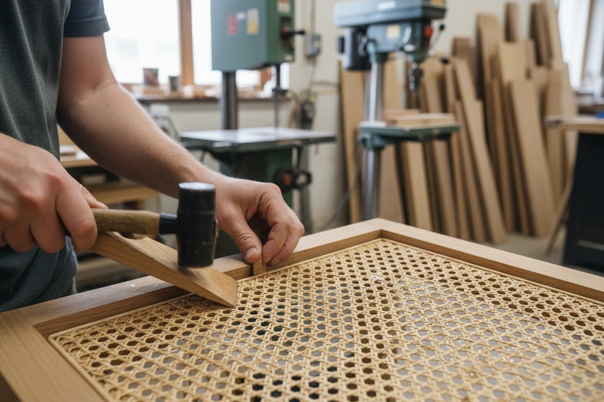 Avoiding over-tensioning by pulling damp rattan cane webbing just taut enough to remove wrinkles (ID#3)