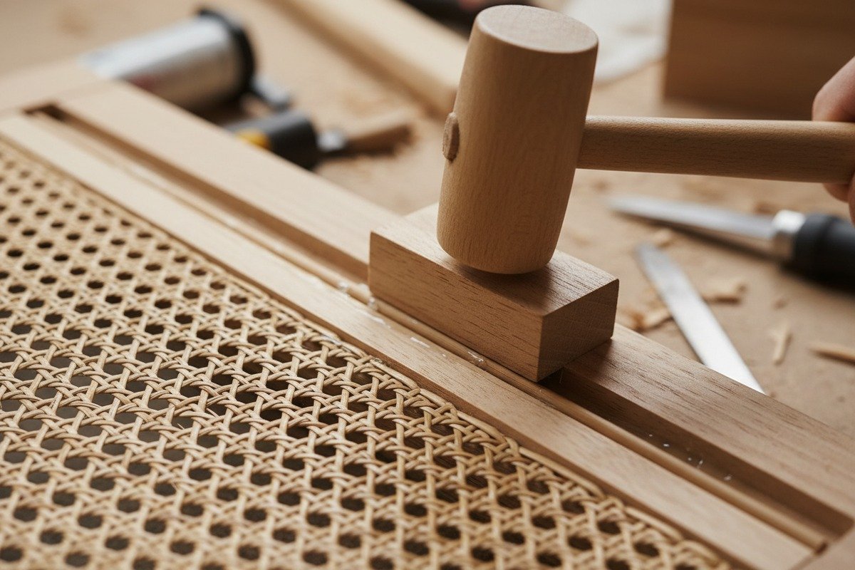 Fitting a damp rattan spline securely into a clean furniture groove for installation (ID#4)