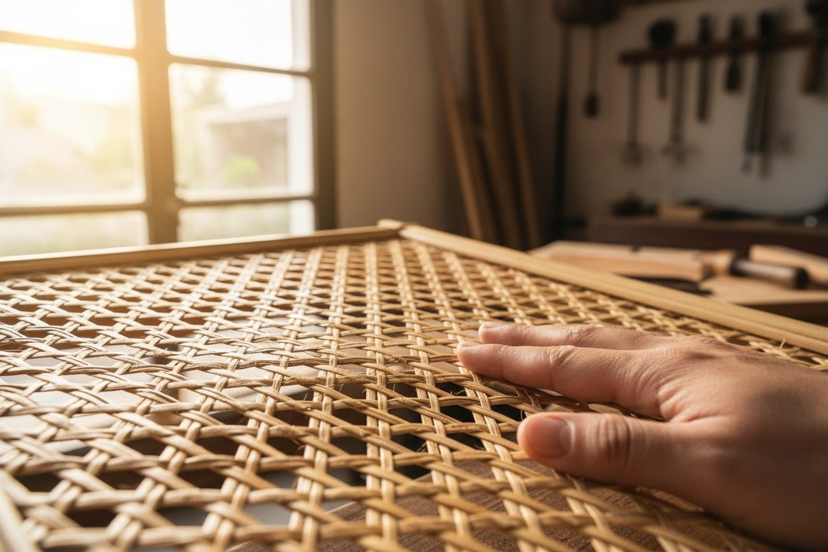 Verifying authentic natural rattan cane webbing with fibrous matte texture and earthy scent (ID#3)