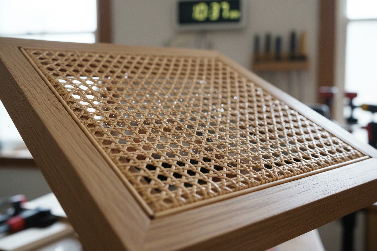 Natural rattan cane webbing drying process after installation on furniture (ID#1)