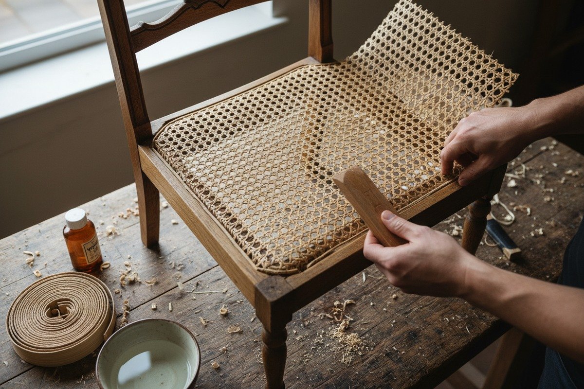 Replacing damaged rattan on an old chair using natural rattan cane webbing (ID#1)