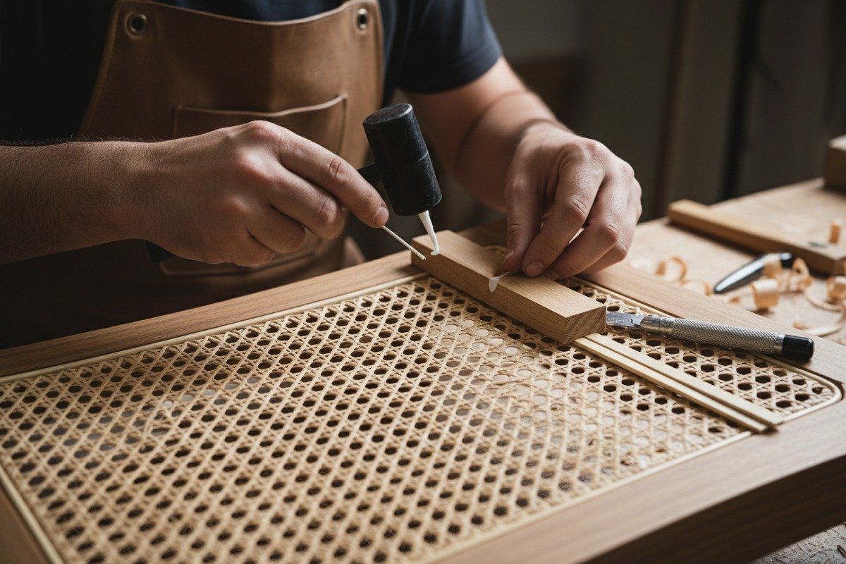 Properly soaking and tensioning rattan cane webbing for a durable and tight finish (ID#5)