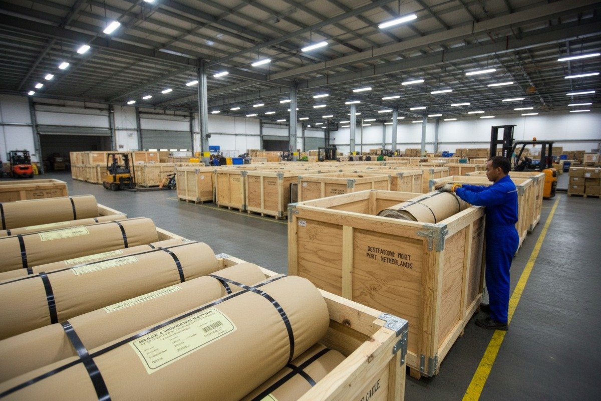 Durable packaging for rattan webbing using reinforced cartons and moisture-barrier wrapping for transit (ID#5)