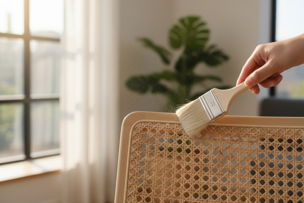 Tägliches Entfernen von Staub aus natürlichem Rattanrohrgeflecht mit sanften Pflegetechniken. (ID#1)