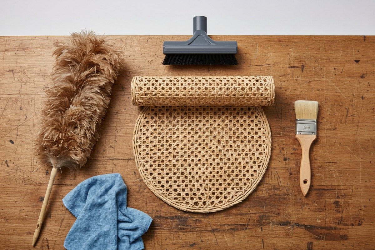 Sichere Werkzeuge, einschließlich weicher Bürsten und Mikrofasertücher, zum Abstauben von natürlichem Rattanrohrgeflecht. (ID#2)