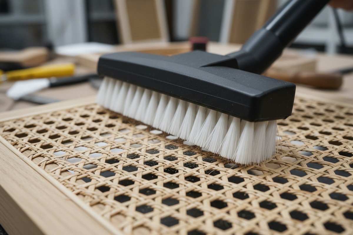 Entfernen von eingeschlossenem Staub aus filigranen Rattanwebungen mit einer weichen Bürste und einem Staubsauger. (ID#4)