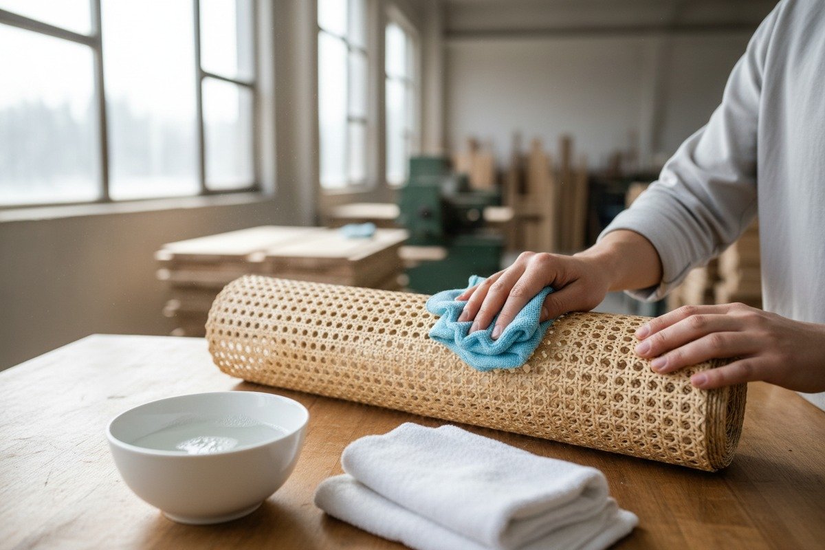 Natürliches Rattankanengeflecht wird vorsichtig gehandhabt, um Wasserschäden zu vermeiden (ID#1)