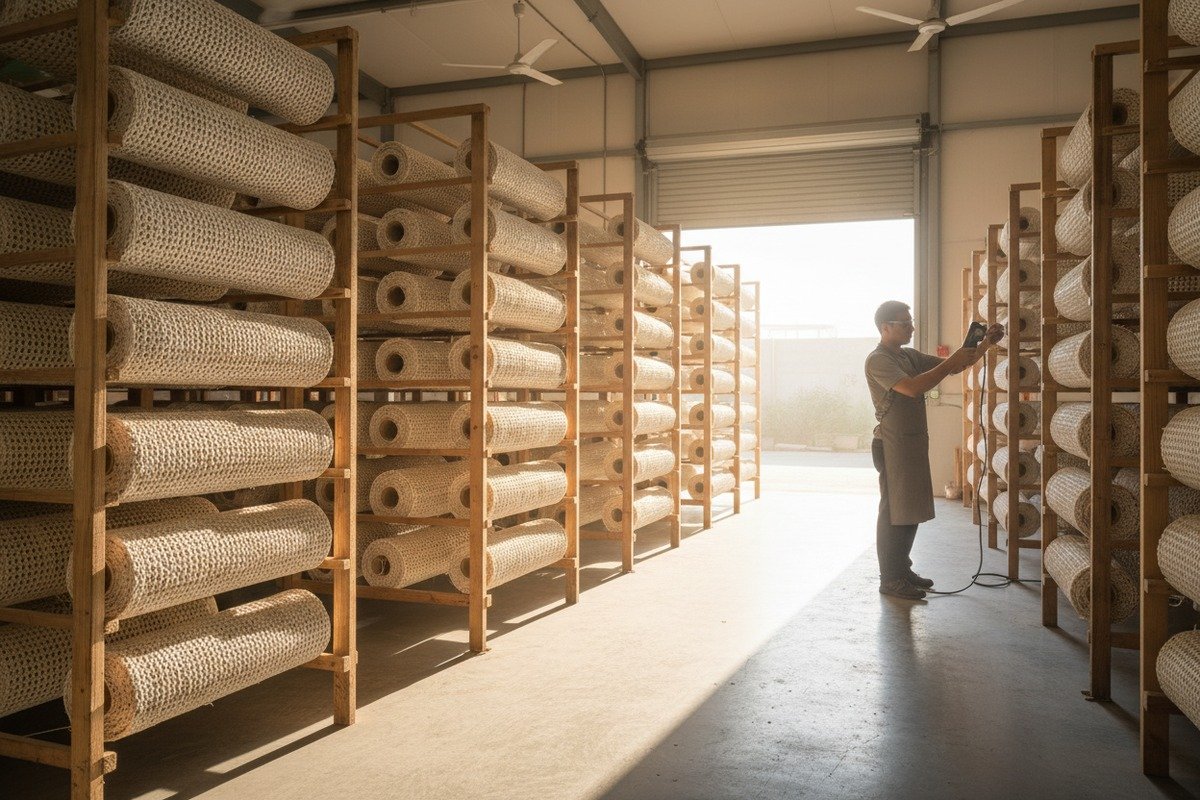 Rattan-Rohrgeflecht richtig trocknen Nass geflochtenes Rattan flach an einem gut belüfteten Ort trocknen lassen, um Rissbildung und Verzug zu vermeiden (ID#4)