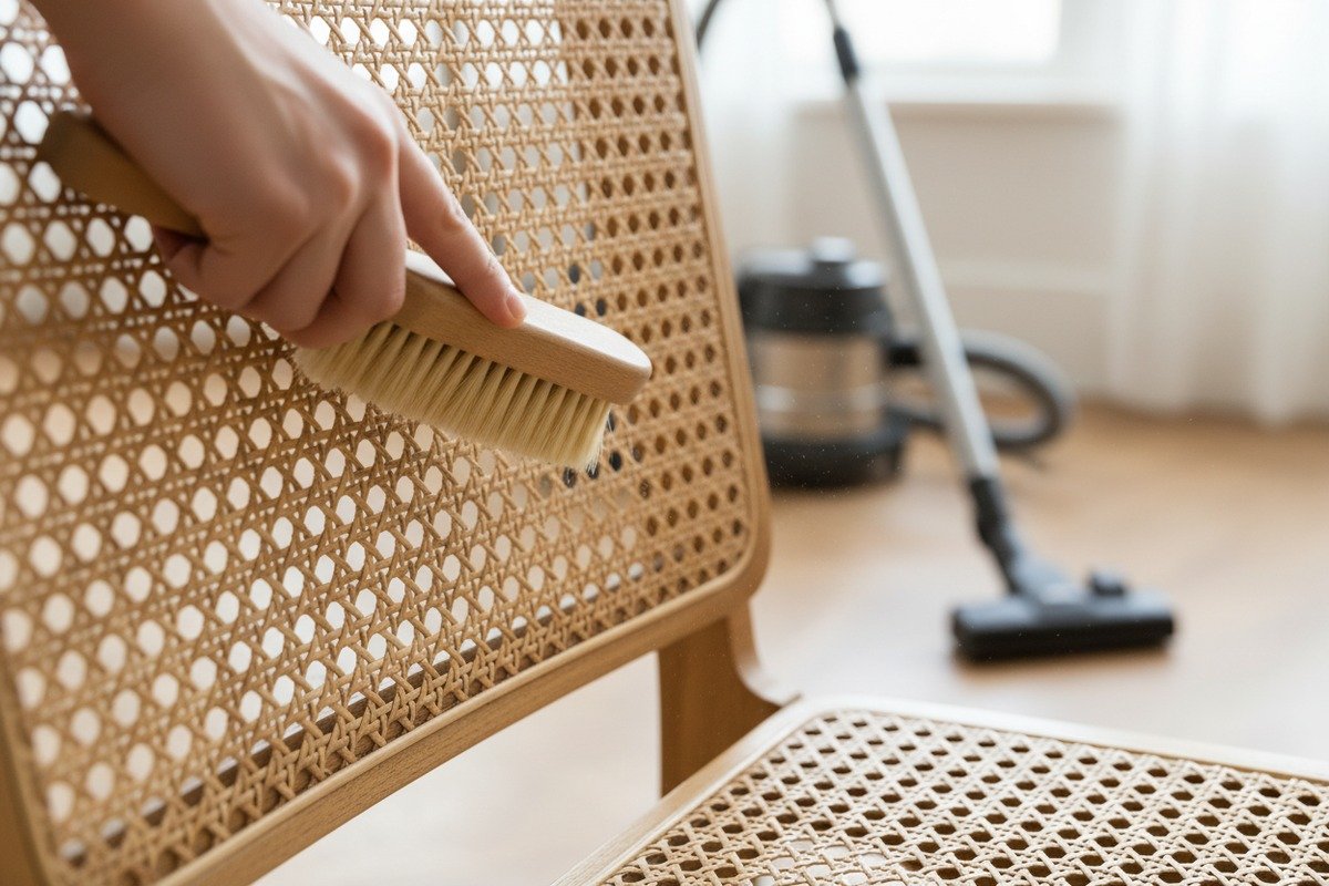 Reinigung alltäglicher Rattan-Verschmutzungen Reinigung alltäglicher Verschmutzungen von natürlichem Rattan-Rohrgeflecht mit einer weichen Bürste und einem feuchten Tuch (ID#2)