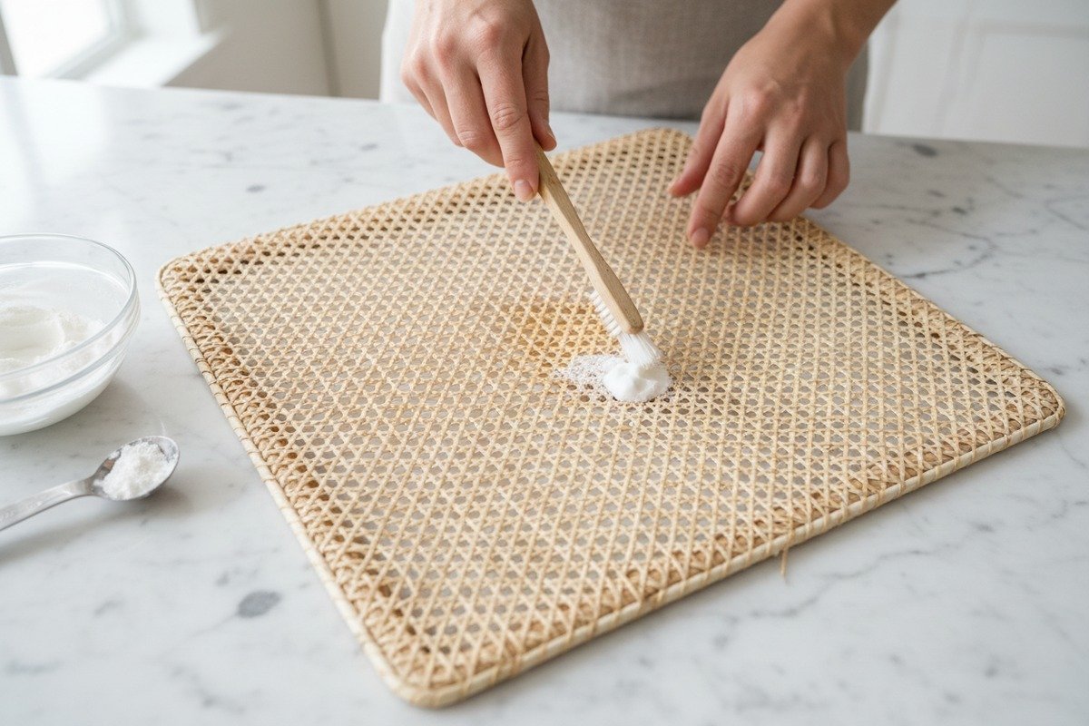 Entfernung hartnäckiger Rattan-Flecken Entfernung hartnäckiger flüssiger Flecken von Rattanmöbeln mit Natronpaste und weicher Bürste (ID#3)