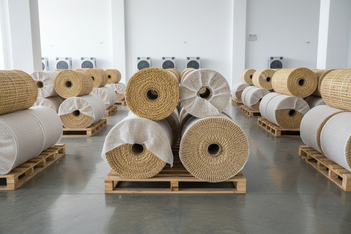 Bulk rattan cane webbing stored on elevated pallets in a well-ventilated warehouse environment (ID#2)