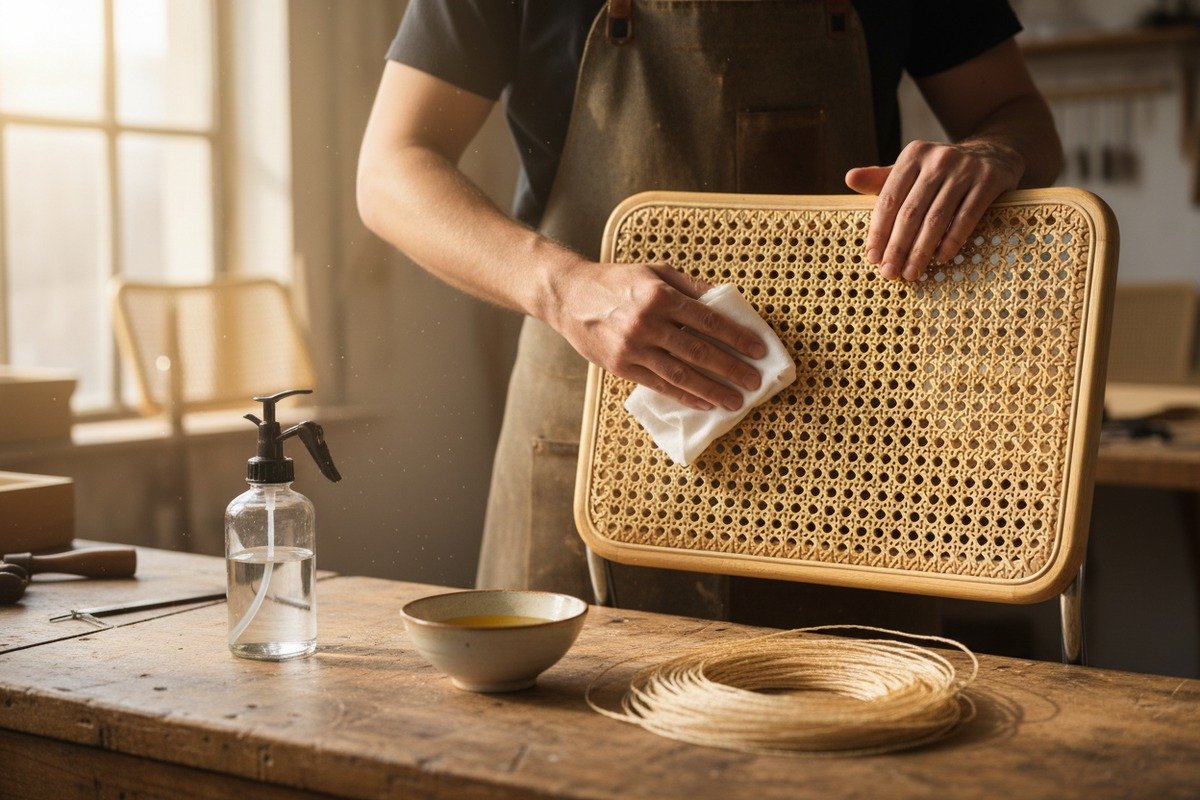 Reparatur von trockenem und rissigem natürlichem Rattangeflecht für die Möbelrestaurierung (ID#1)