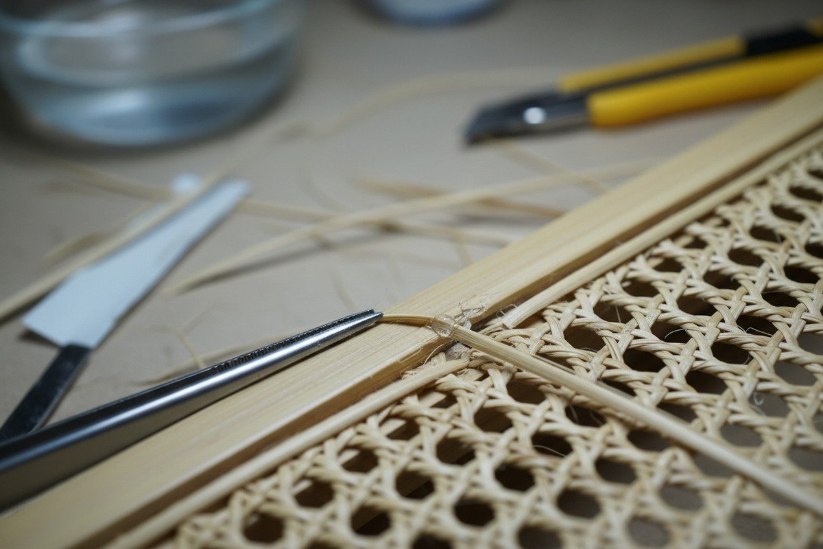 Reparatur kleiner Risse in Möbeln aus natürlichem Rohr durch Einweben neuer Ersatzstränge (ID#3)