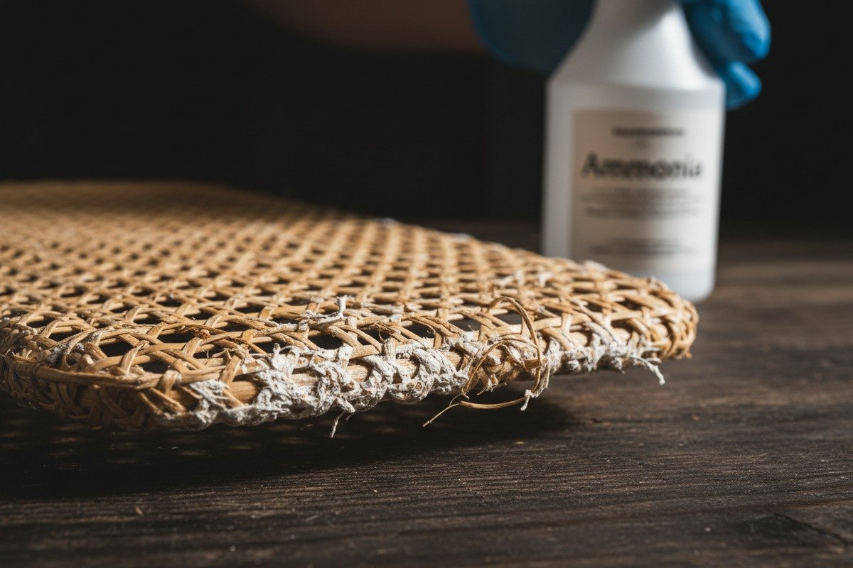 Повреждение от отбеливателя и аммиака Обесцвеченное натуральное ротанговое плетение, вызванное чистящими средствами на основе отбеливателя и аммиака (ID#2)