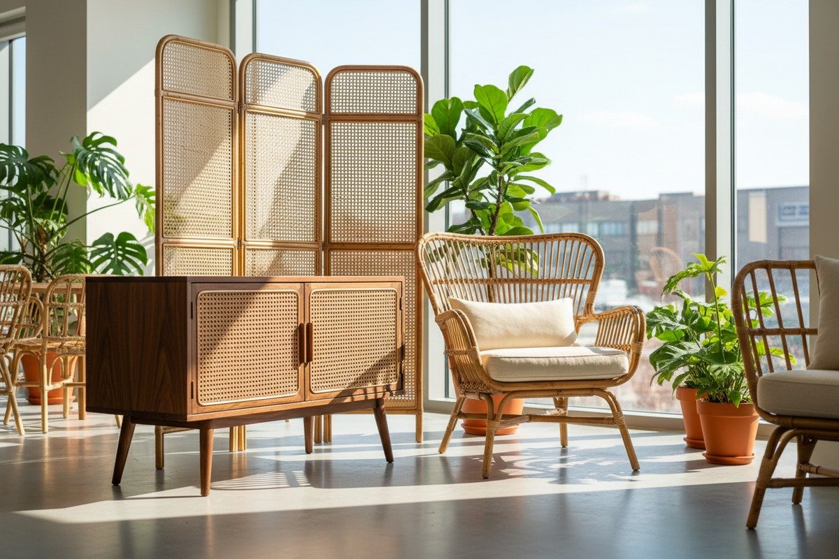 Various furniture applications using high-quality rattan cane webbing for interior design projects (ID#1)