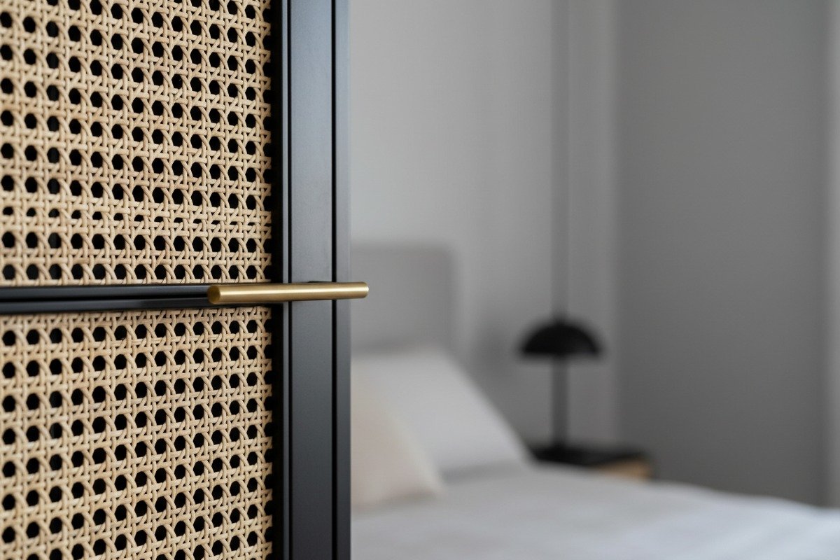 Modern Rattan Cabinet Designs Modern cabinet design featuring light-toned rattan cane webbing inserts in dark wood frames (ID#2)