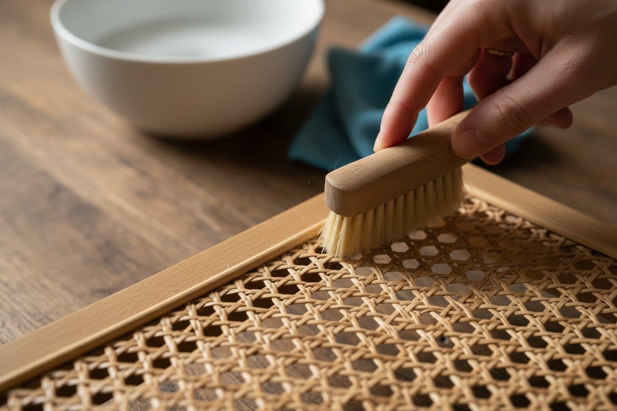 Safely cleaning natural rattan cane webbing using a soft brush and damp microfiber cloth (ID#2)