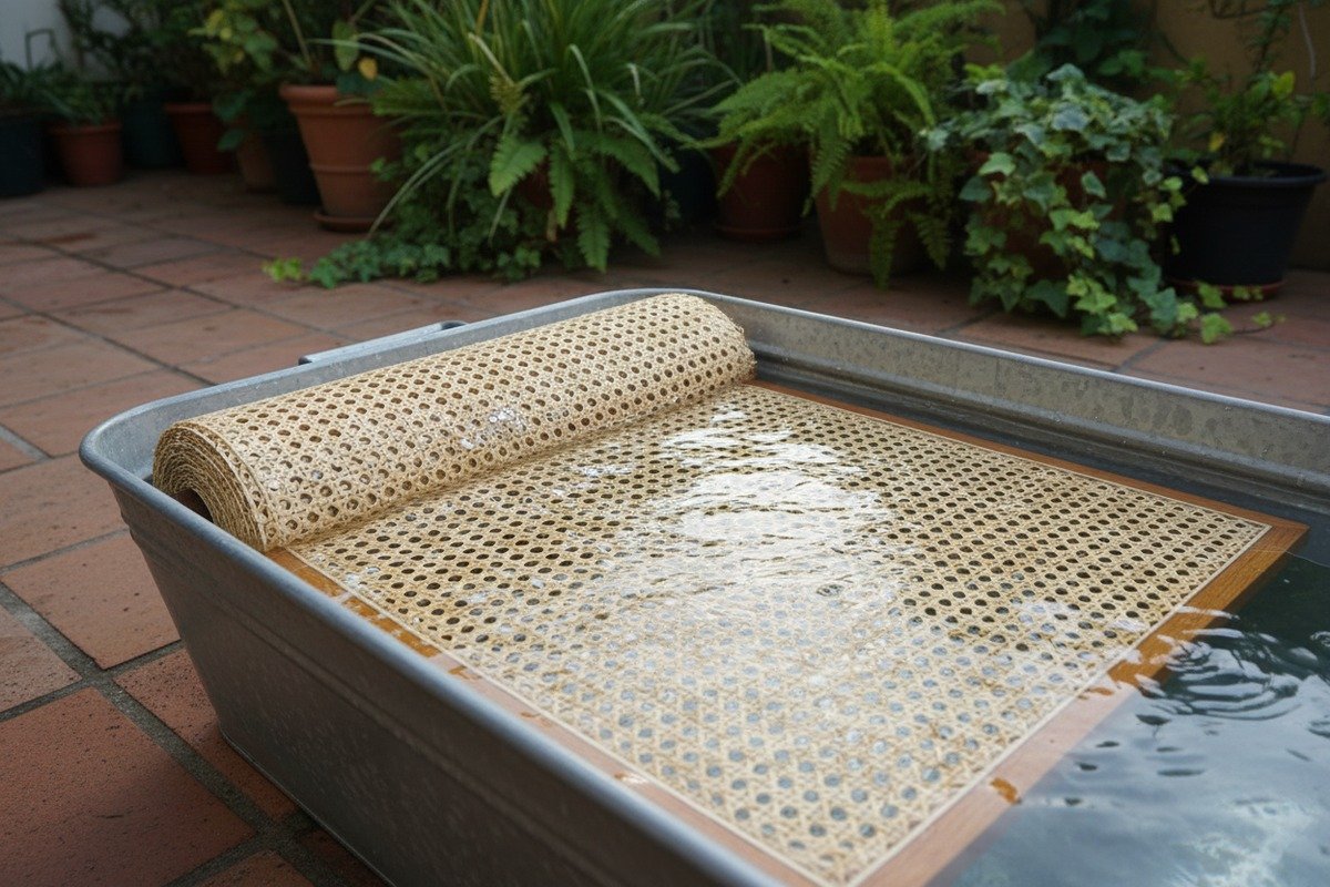 Einweichen von natürlichem Rattan-Rohrgeflecht in warmem Wasser, um die Fasern vor der Installation zu erweichen (ID#3)