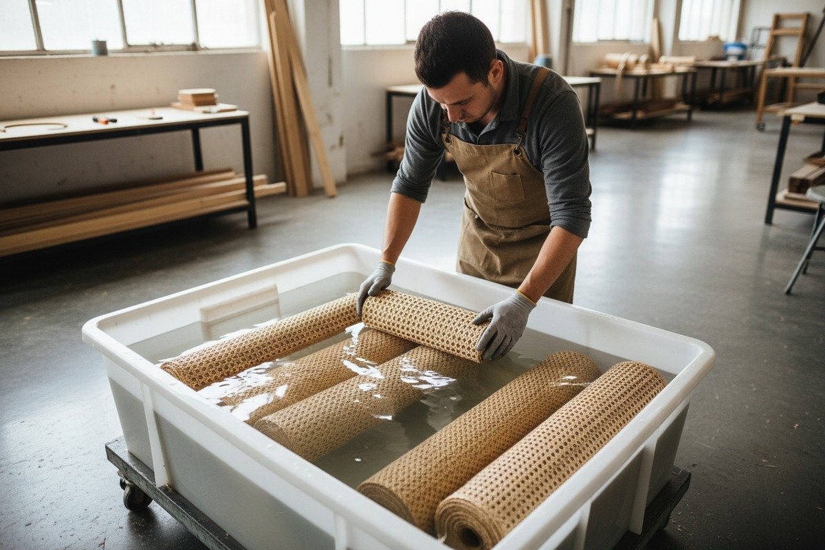 Natural rattan cane webbing sagging due to moisture absorption and lack of pre-soaking (ID#2)