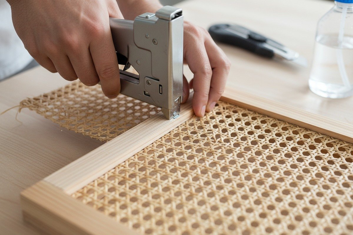 Step-by-step installation of rattan cane webbing on interior wall frames with staples (ID#2)