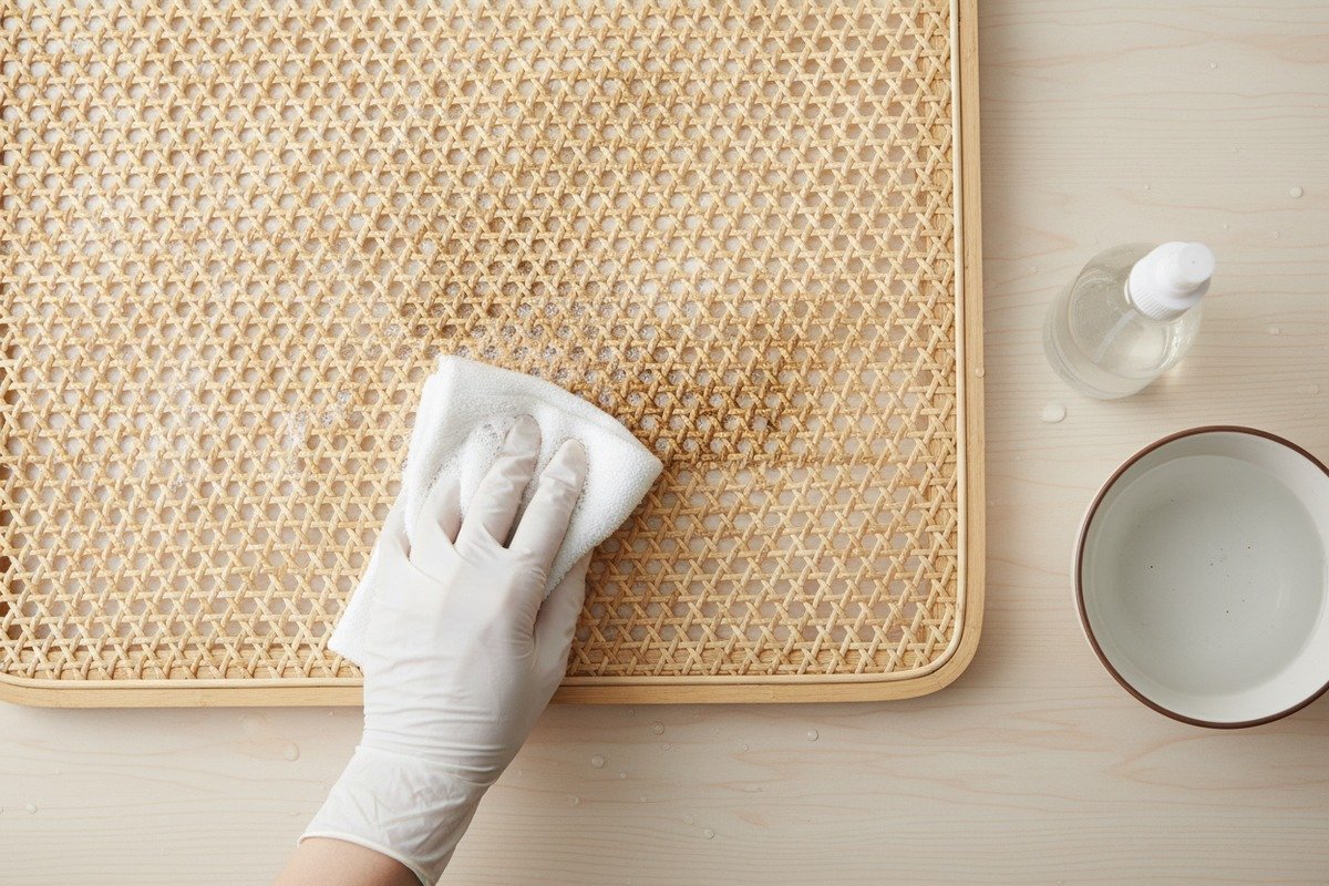 Safely cleaning mold from rattan using vinegar solution and soft cloth scrubbing (ID#3)