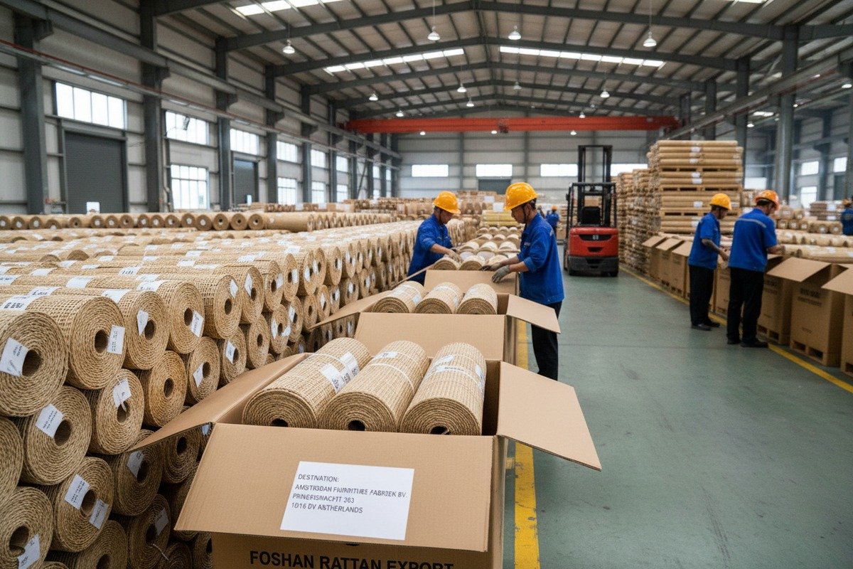 Protective packaging for rattan webbing rolls during long-distance shipping to factories (ID#5)