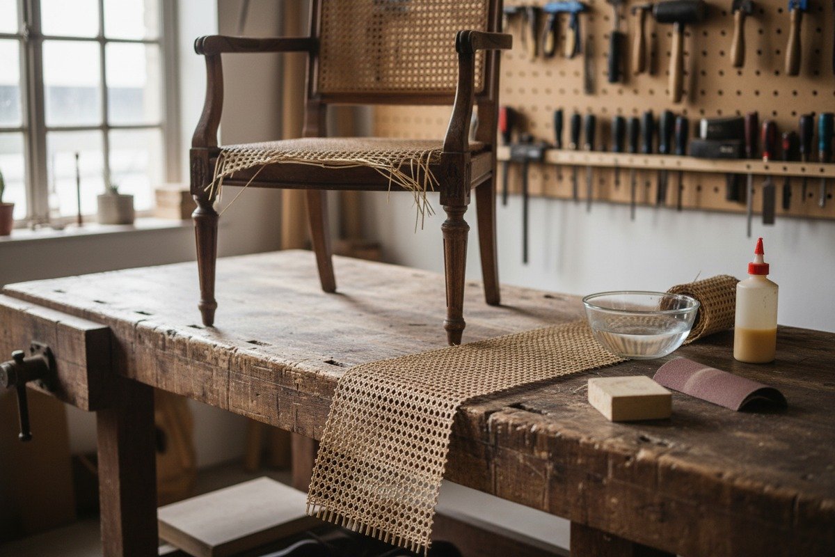 Reparatur von durch Haustiere beschädigtem natürlichem Rattanrohrgeflecht für die Möbelrestaurierung (ID#1)