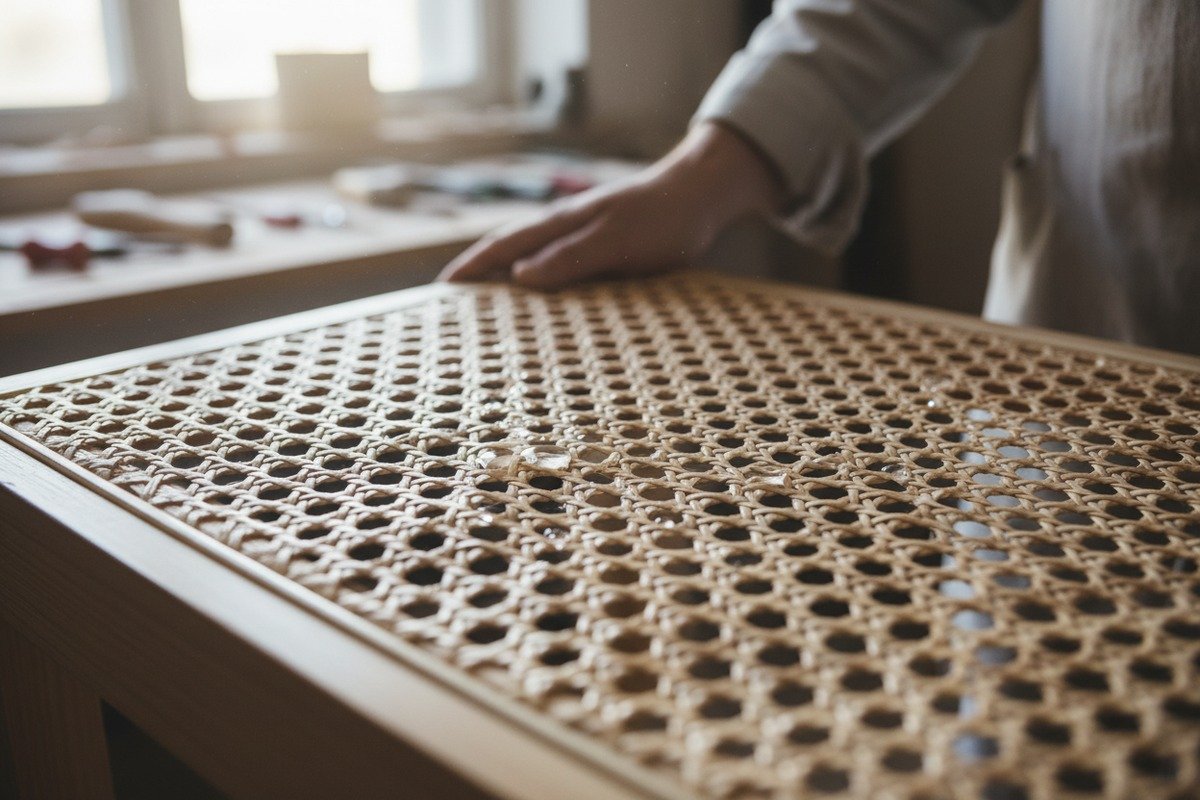 Tejido de ratán natural mostrando su textura y forma después de humedecerse (ID#1)