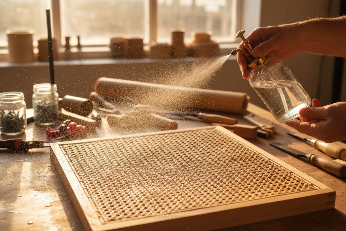 Restauración de tejido de ratán caído Restauración de tejido de ratán caído rociando con agua y permitiendo que las fibras se contraigan (ID#2)