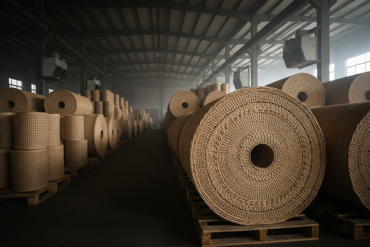 Prevención de daños por humedad en el ratán Tejido de ratán dañado mostrando descomposición de fibras y moho por exposición prolongada a la humedad (ID#3)