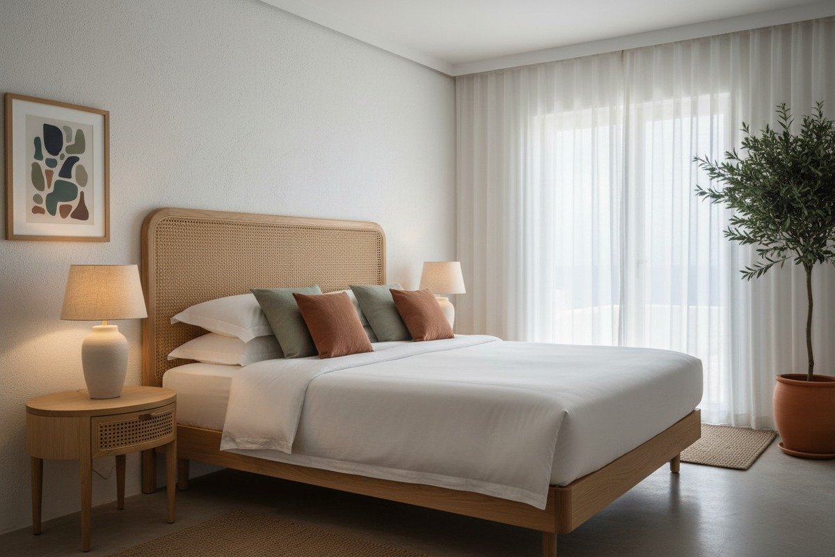 Biophilic hotel design using rattan webbing for feature wall panels and decorative ceiling accents (ID#4)