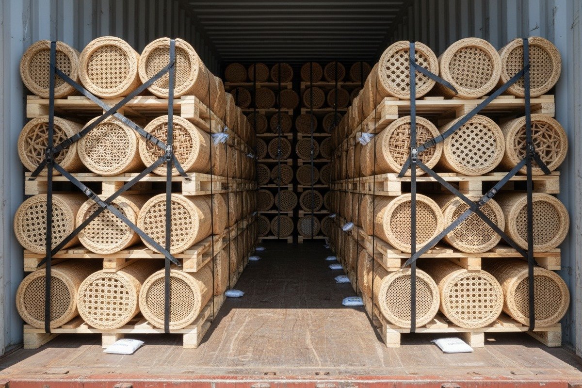 Lüften von Rattan-Rollen in einem belüfteten Raum, um Gerüche sicher zu entfernen (ID#4)