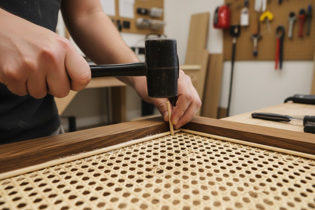 Fasteners to Prevent Sagging Using reed splines and wood glue to prevent natural rattan webbing from sagging (ID#3)