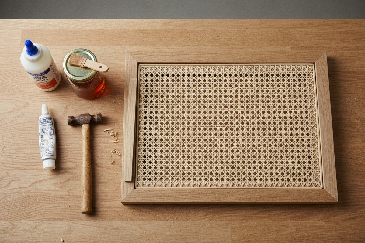 Aplicación de pegamento para madera de PVA y cola animal para unir la caña de ratán a marcos de madera (ID#2)