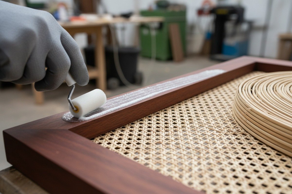 Uso de un rodillo de espuma para aplicar capas finas de adhesivo y prevenir la filtración de pegamento de ratán (ID#3)