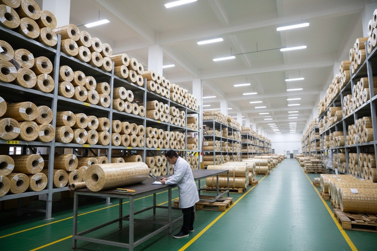 Remojo de la caña de ratán natural en agua tibia para hacerla flexible antes de la instalación (ID#5)