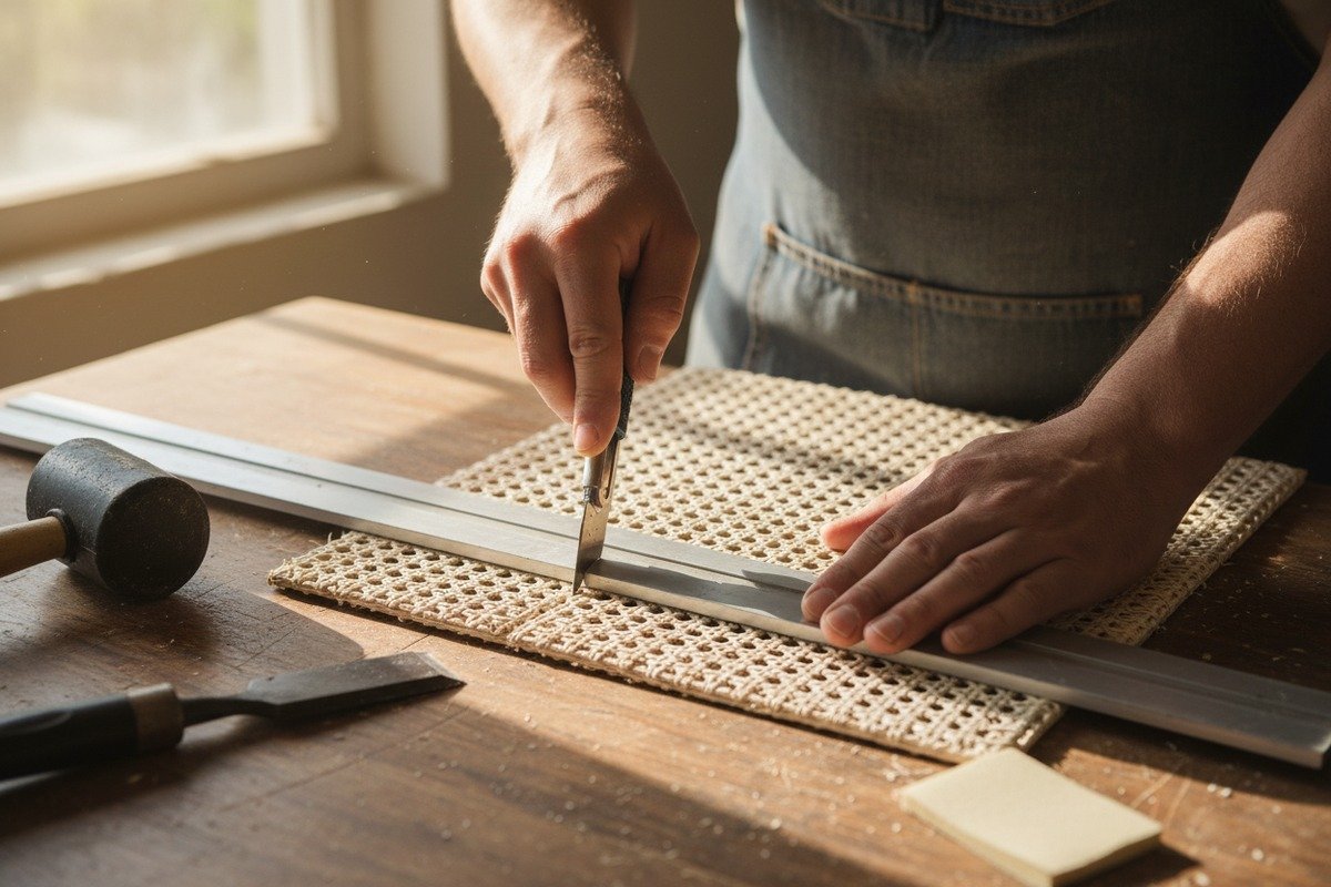 Essential tools and adhesives for securing and trimming rattan cane webbing edges (ID#2)