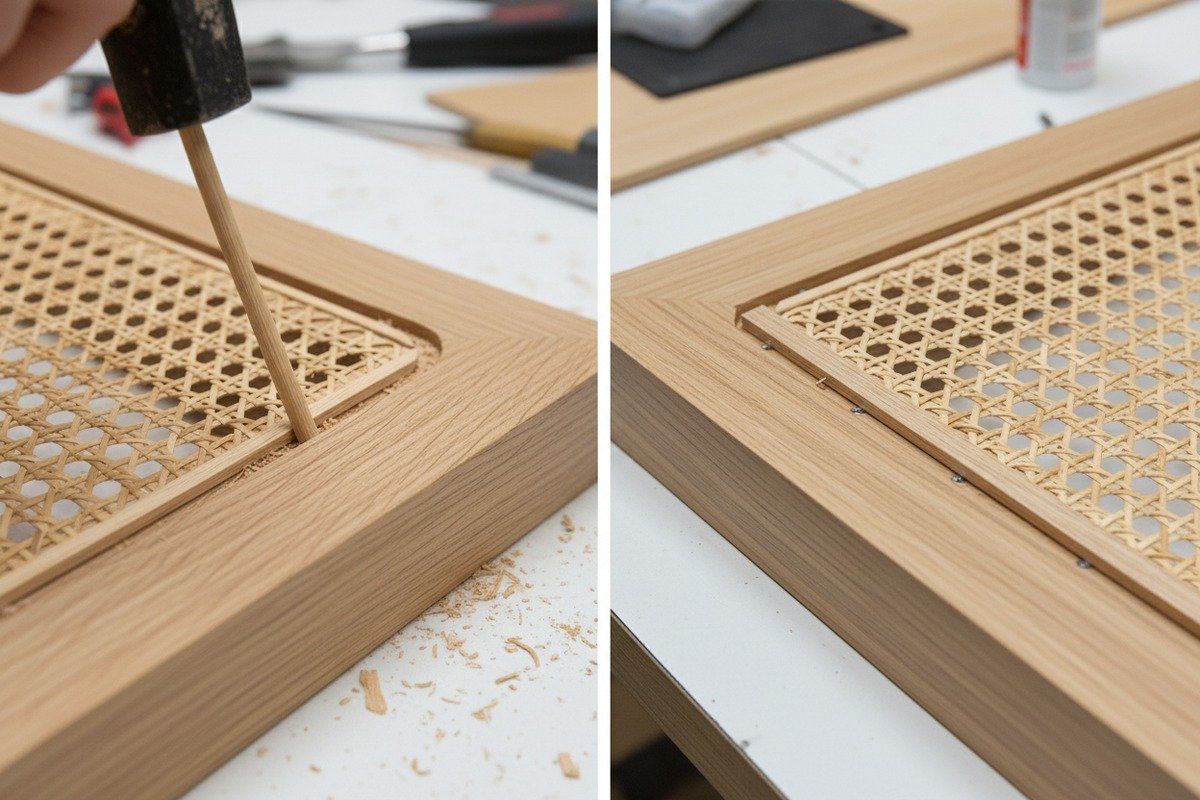 Using rattan splines or wood strips to hide staples in furniture projects (ID#3)