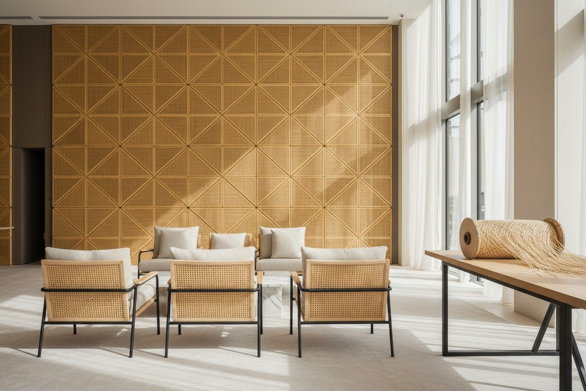Modern rattan cane webbing trends used in contemporary commercial space interior design (ID#1)