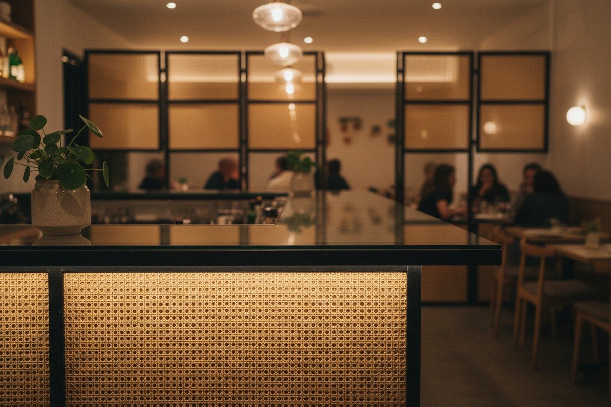 Rattan cane webbing used in modern restaurant furniture and hotel interior design accents (ID#2)