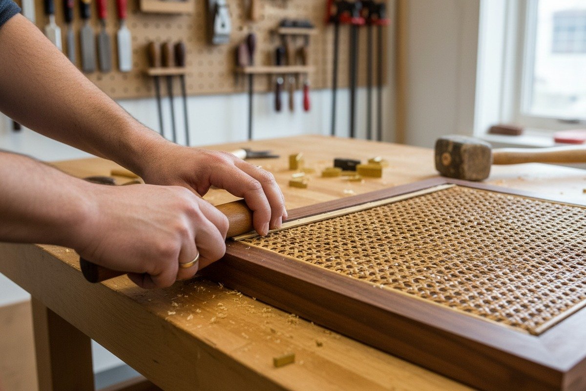 Malla de ratán de tejido abierto que filtra la luz natural y proporciona semi-privacidad en espacios interiores (ID#4)