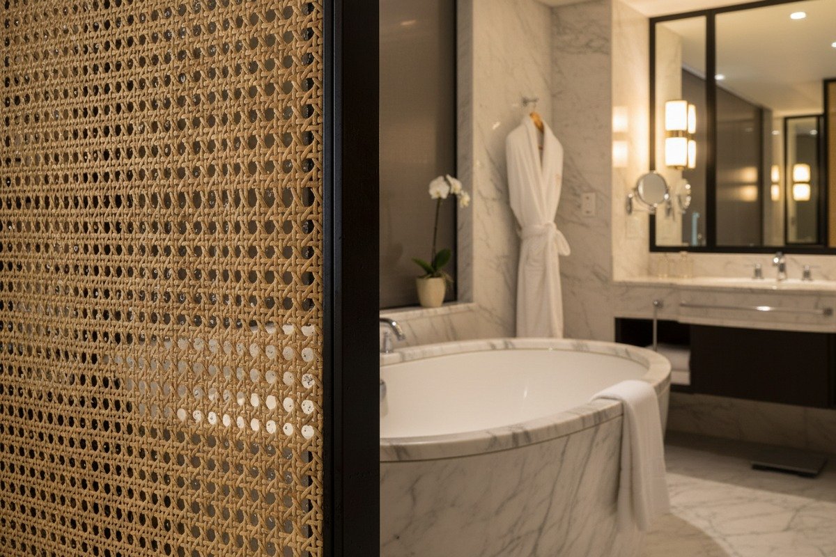 Partición de malla de ratán duradera tratada con acabado transparente para prevenir grietas y deformaciones (ID#5)