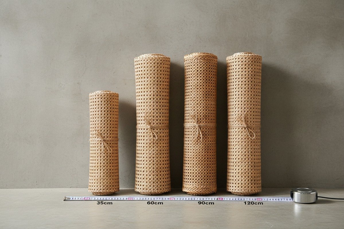 Standard wholesale rattan cane webbing roll sizes and durable packaging materials (ID#3)