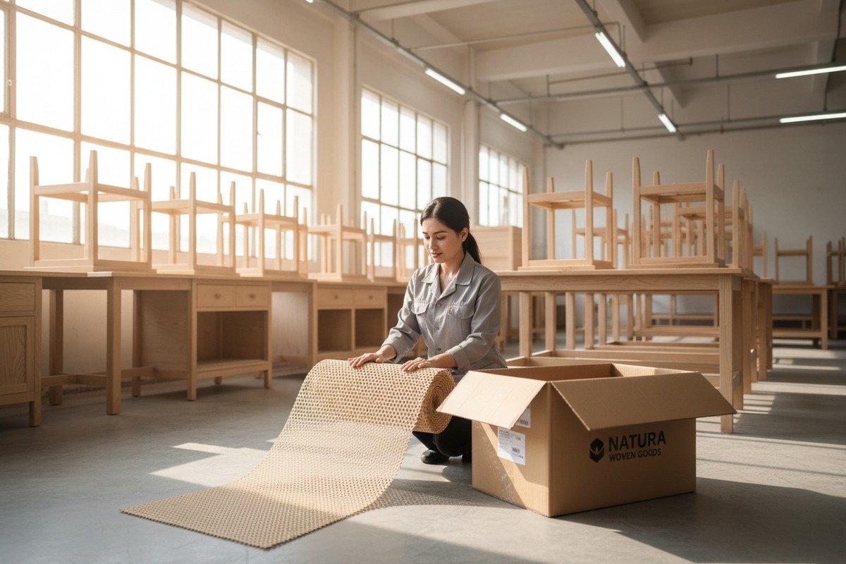 Durable packaging ensuring quality consistency and weave integrity of rattan webbing during transport (ID#5)