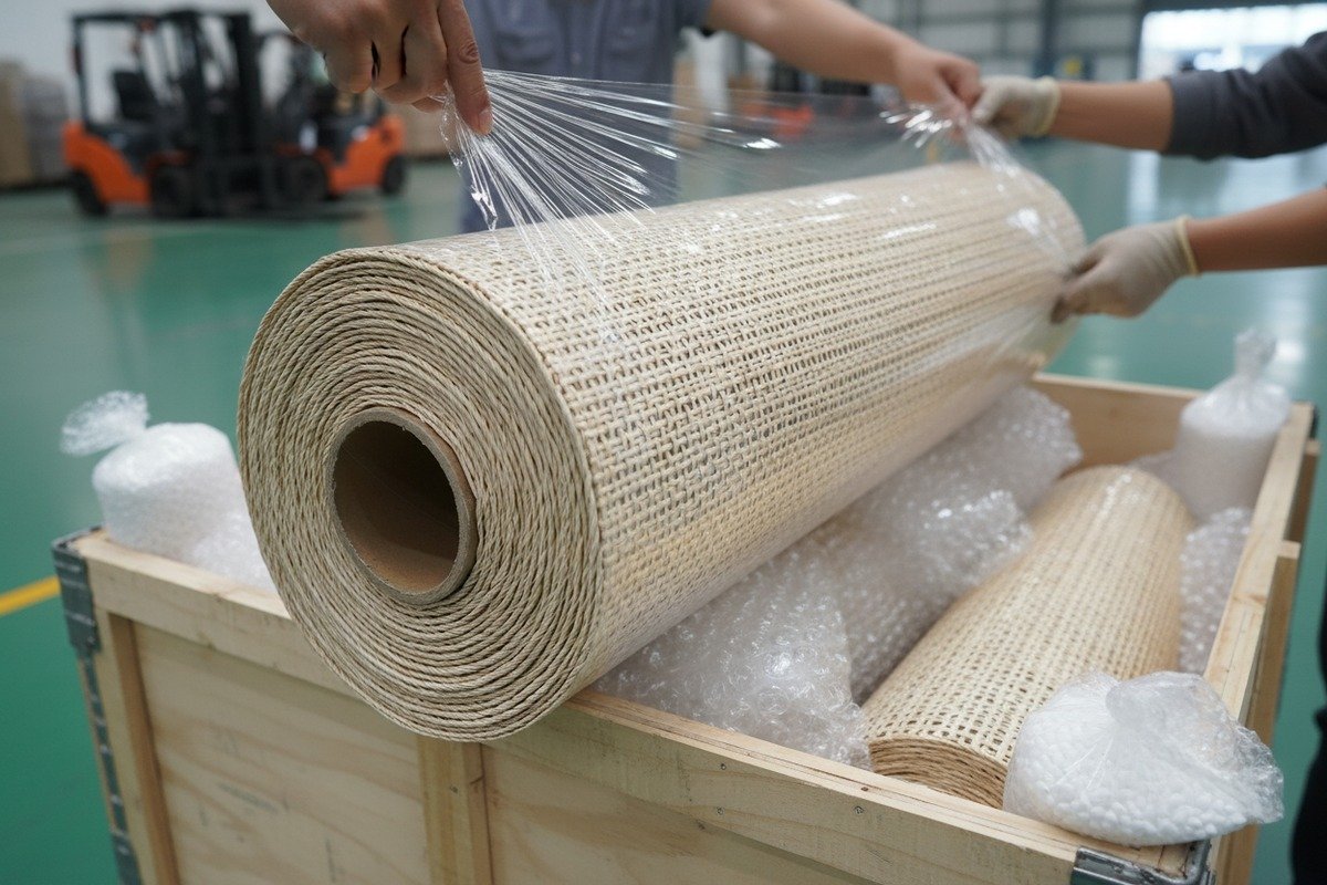 Securely packed rattan cane webbing rolls wrapped in moisture-resistant film for international sea freight (ID#2)