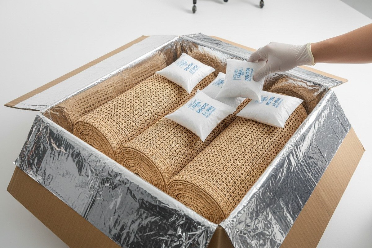 Natural rattan rolls sealed in PE film with silica gel to prevent moisture damage (ID#3)