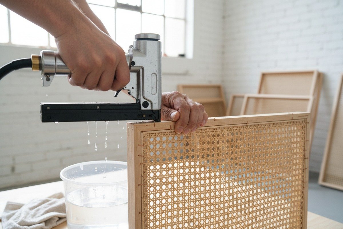 Outils nécessaires tels que les agrafeuses et les mètres à mesurer pour assembler un écran en cannage de rotin (ID#3)